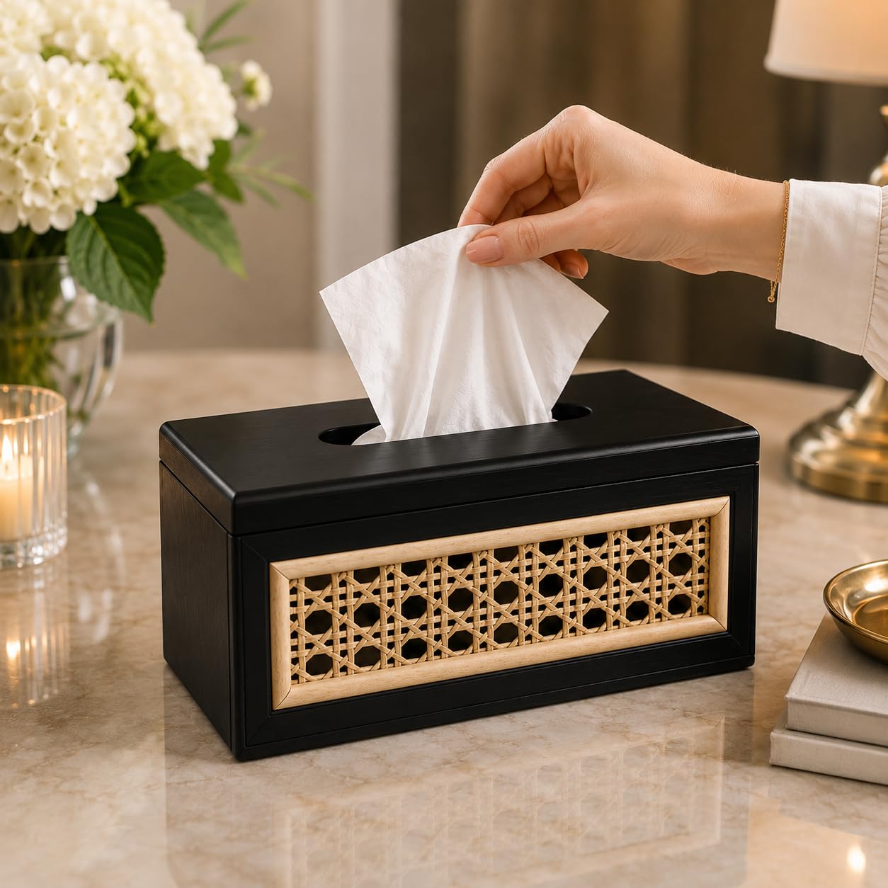 Solid Wood Rattan Tissue Box Woven Facial Tissue Dispenser For Bathroom Bedroom And Office Decor