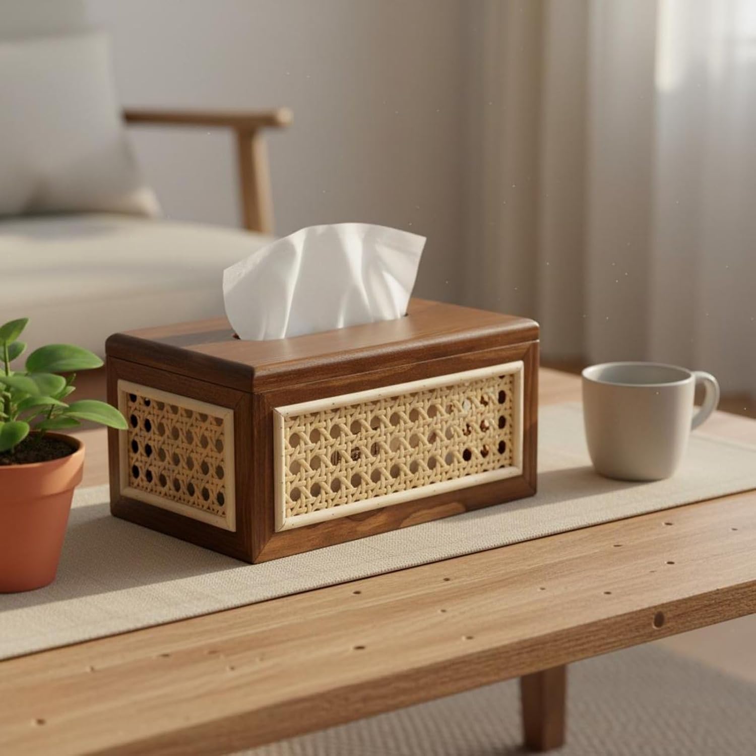 Solid Wood Rattan Tissue Box Woven Facial Tissue Dispenser For Bathroom Bedroom And Office Decor