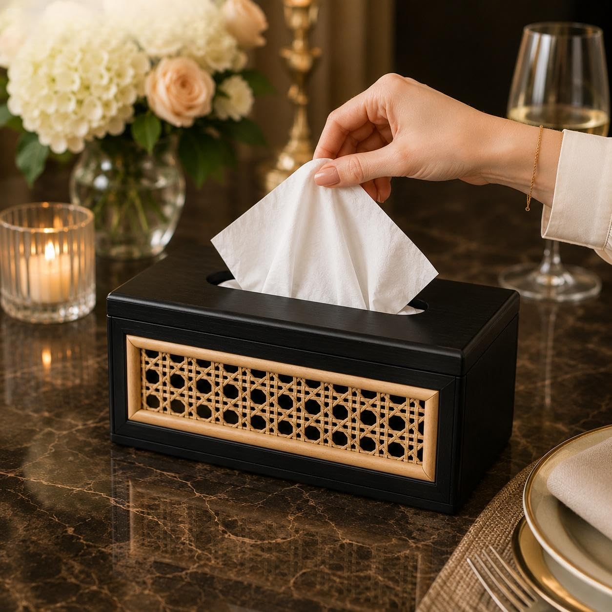 Solid Wood Rattan Tissue Box Woven Facial Tissue Dispenser For Bathroom Bedroom And Office Decor