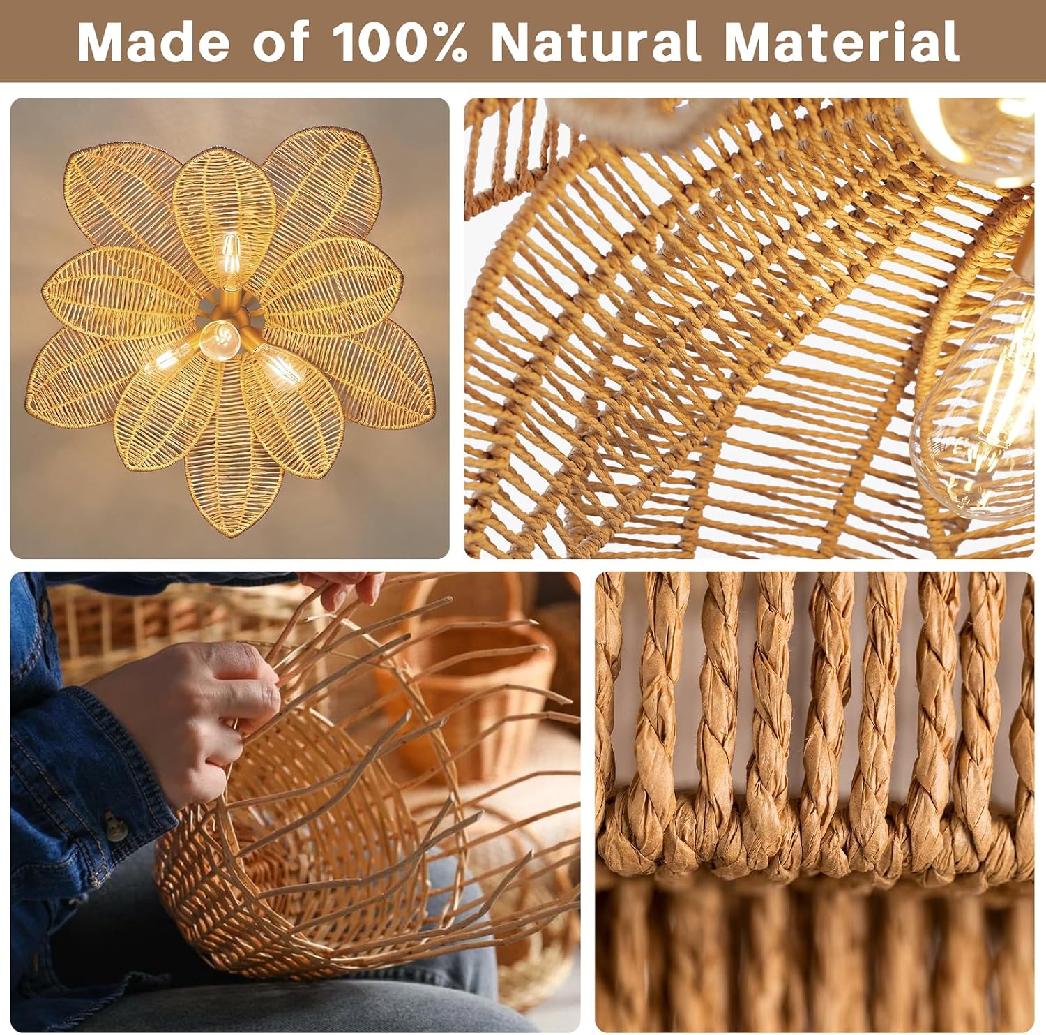Rattan Boho Chandelier Hand Woven Wicker Pendant Light For Dining Room Kitchen Island Bedroom