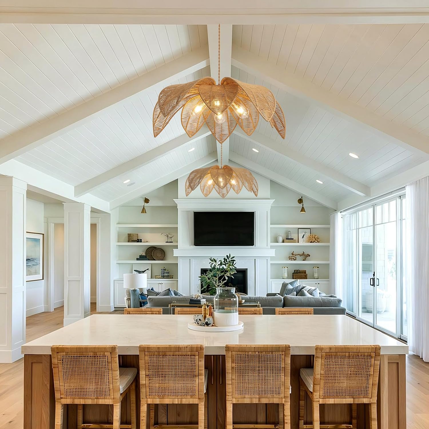 Rattan Boho Chandelier Hand Woven Wicker Pendant Light For Dining Room Kitchen Island Bedroom