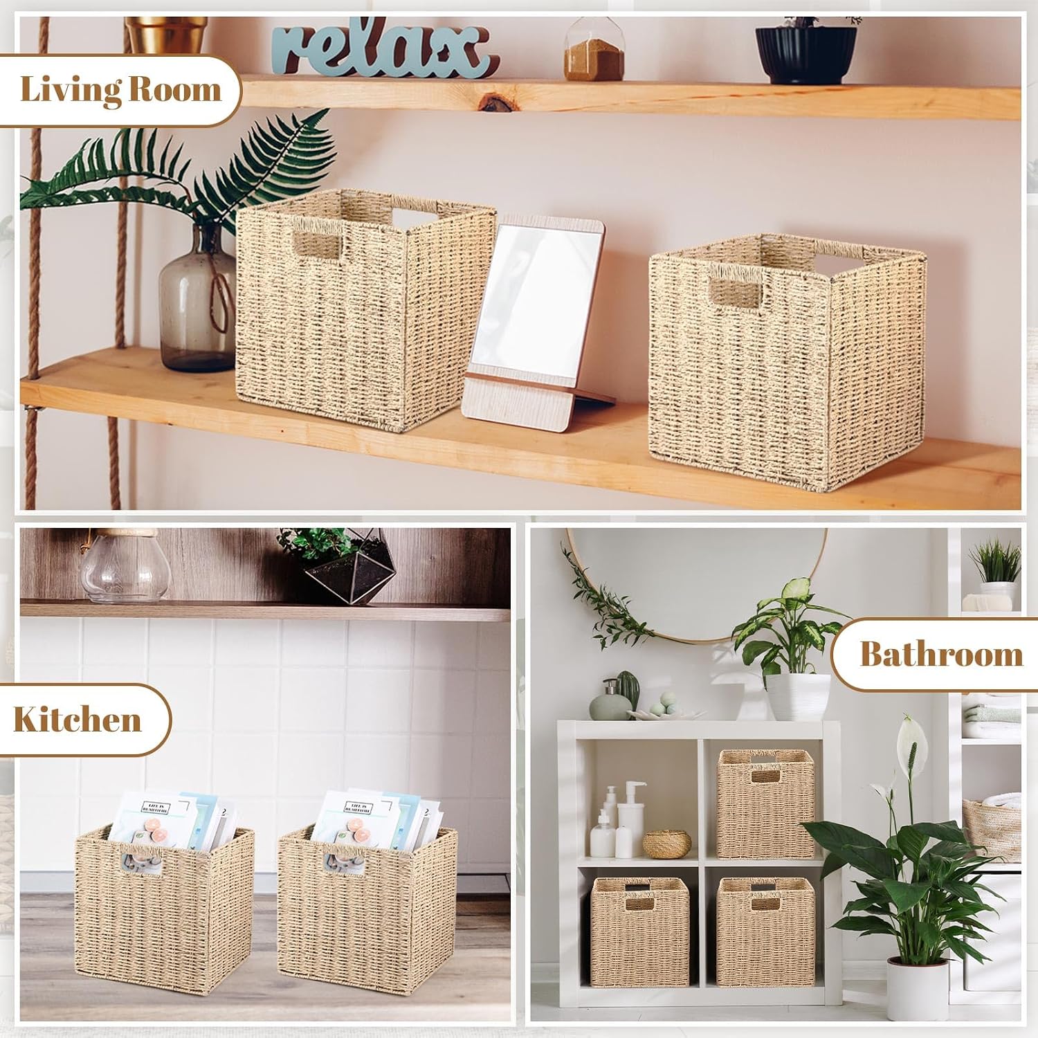 Foldable Wicker Storage Cubes Wicker Storage Baskets Rectangular Laundry Organizer Storage Baskets