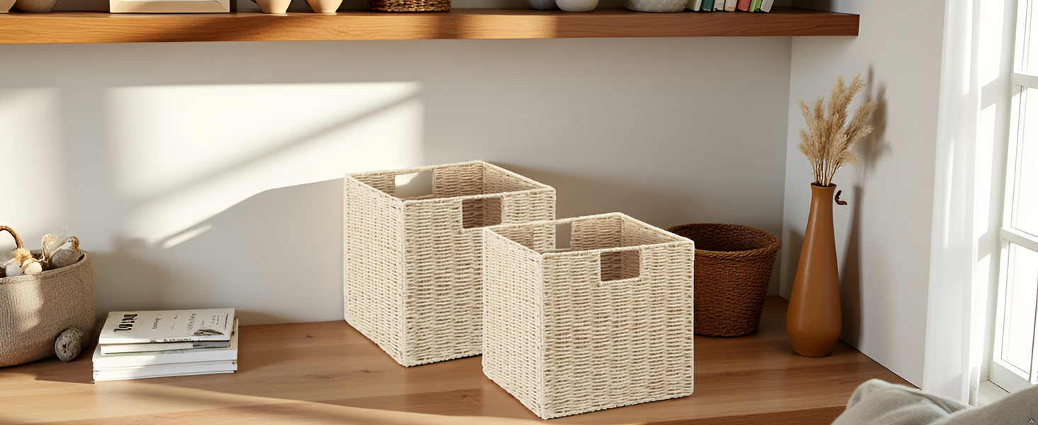 Foldable Wicker Storage Cubes Wicker Storage Baskets Rectangular Laundry Organizer Storage Baskets