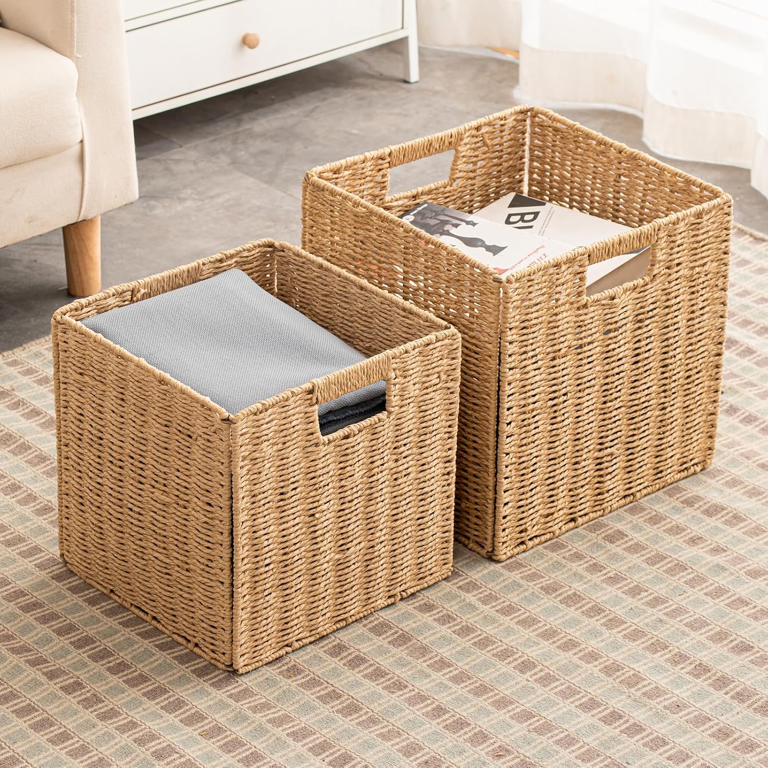 Foldable Wicker Storage Cubes Wicker Storage Baskets Rectangular Laundry Organizer Storage Baskets