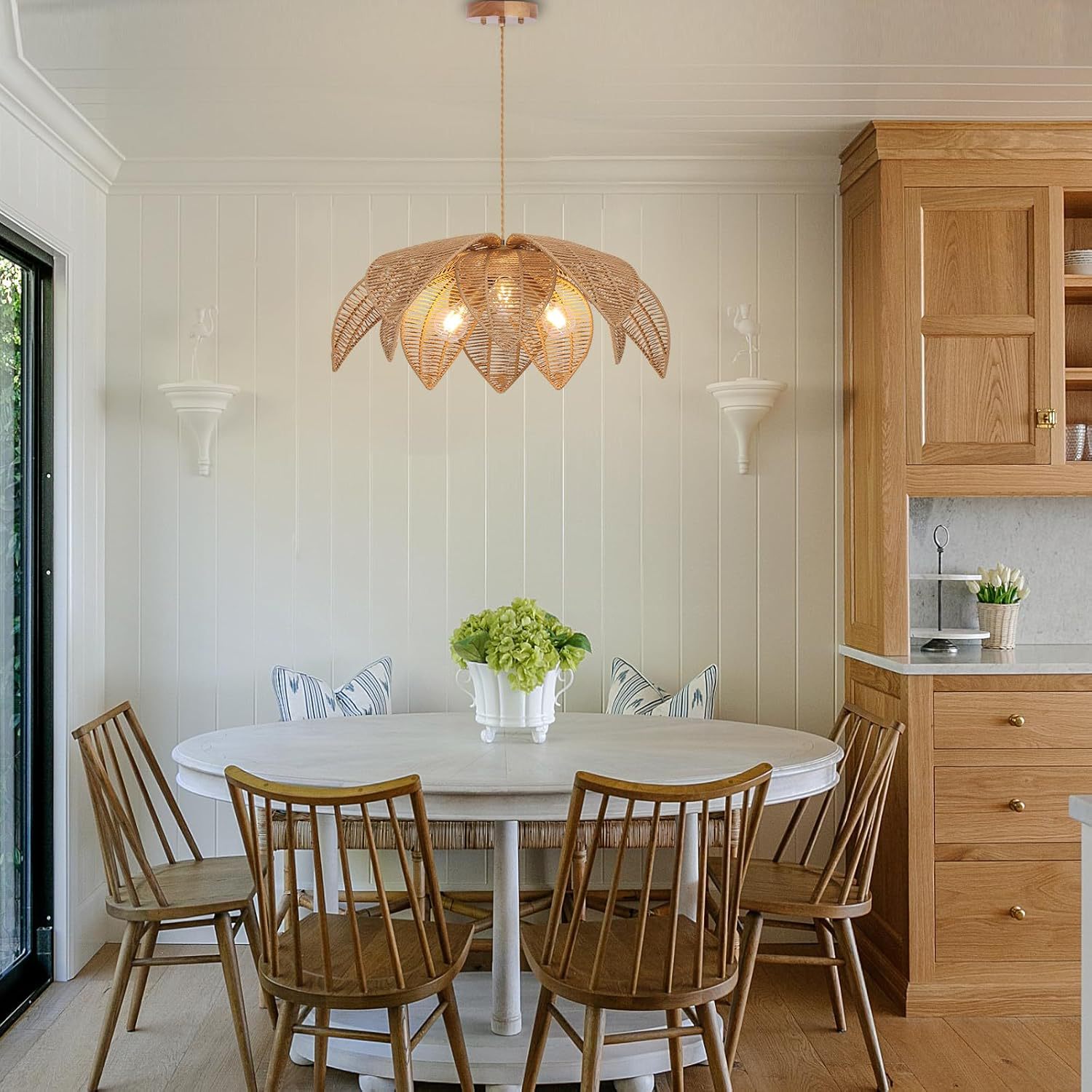 Rattan Boho Chandelier Hand Woven Wicker Pendant Light For Dining Room Kitchen Island Bedroom