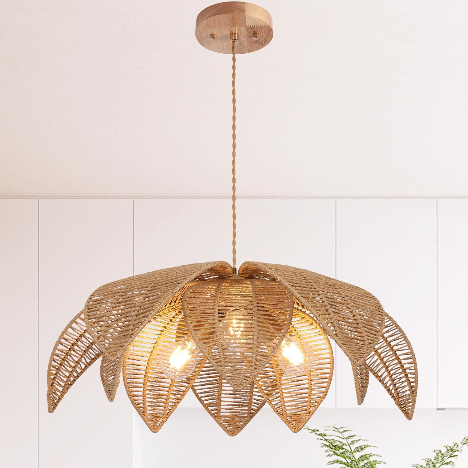 Rattan Boho Chandelier Hand Woven Wicker Pendant Light For Dining Room Kitchen Island Bedroom