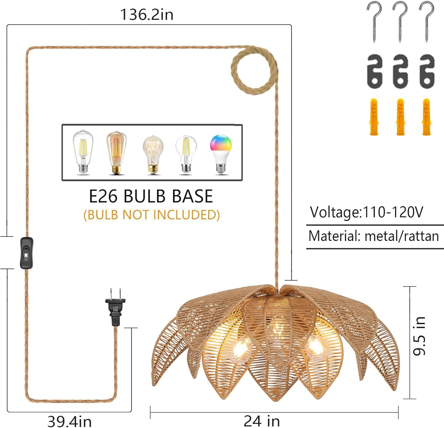 Rattan Boho Chandelier Hand Woven Wicker Pendant Light For Dining Room Kitchen Island Bedroom