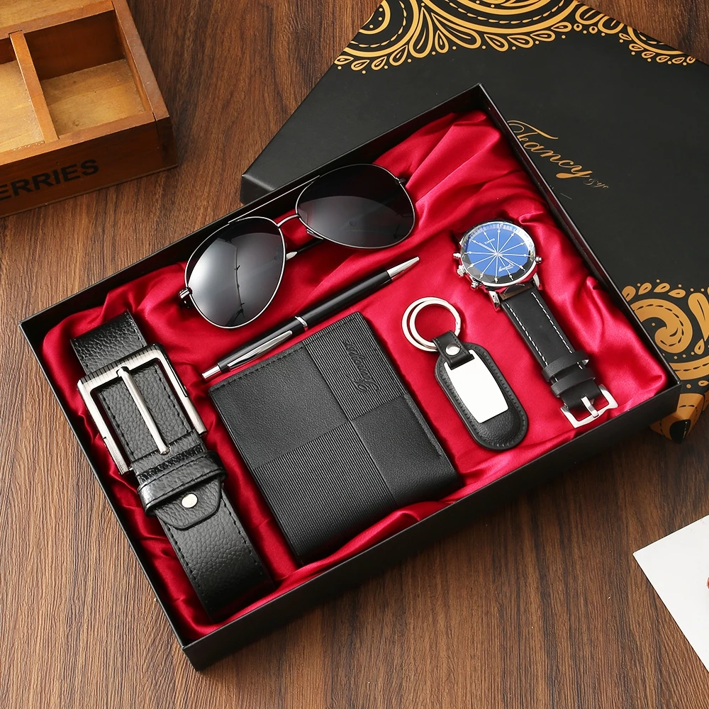 Men's Gift Set With Leather Belt Wallet Watch Glasses Keychain Ballpoint Pen Gifts For Men