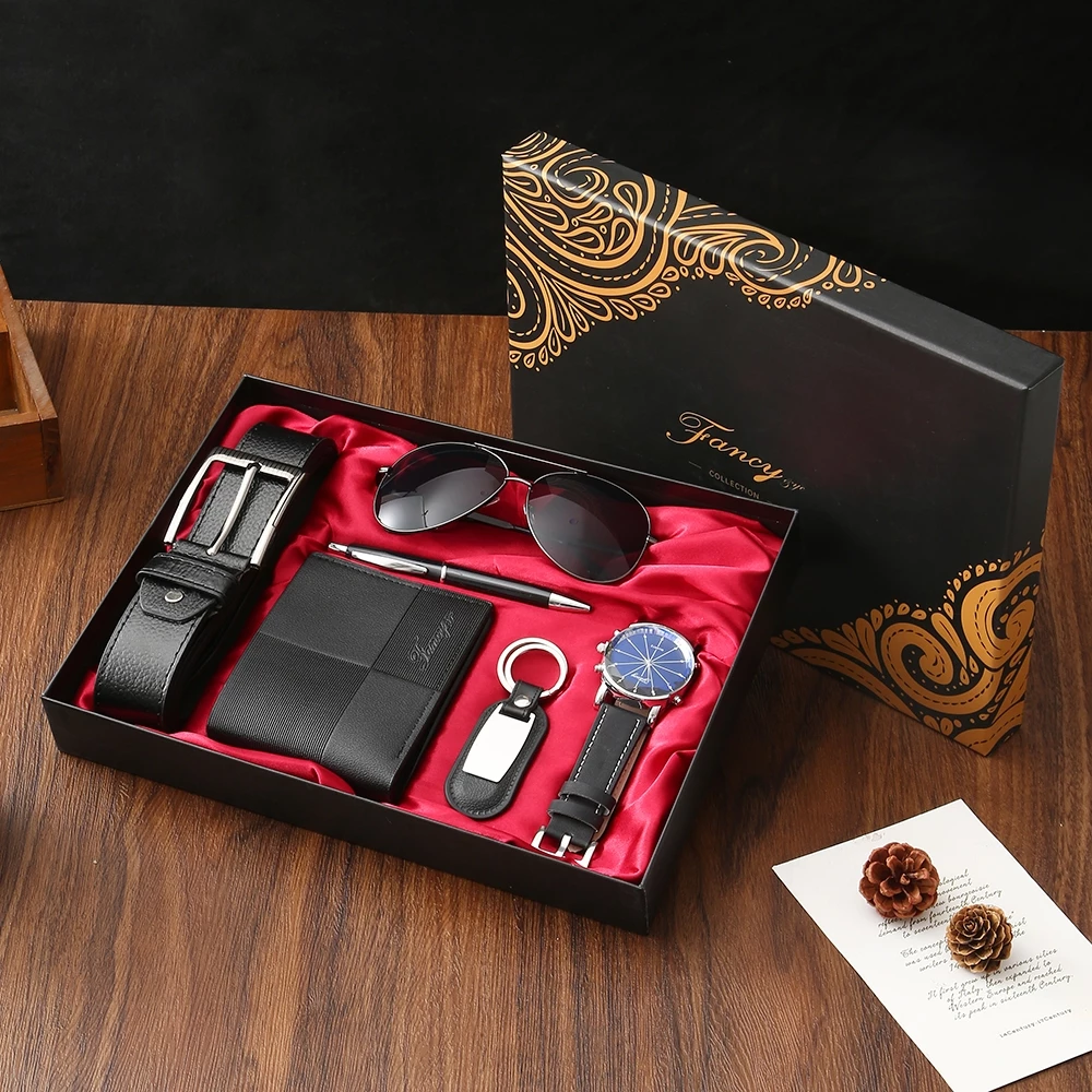 Men's Gift Set With Leather Belt Wallet Watch Glasses Keychain Ballpoint Pen Gifts For Men