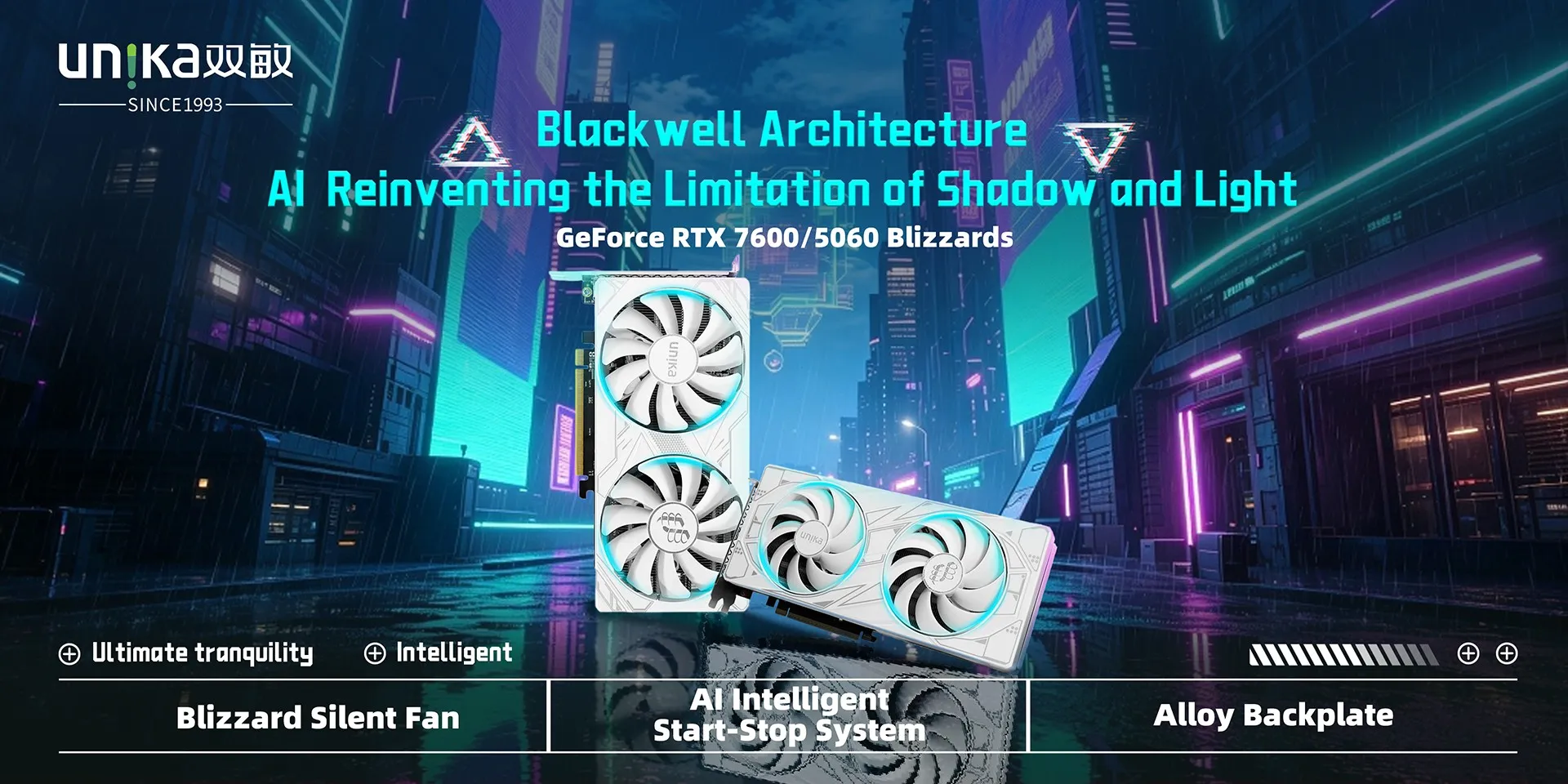 UNIKA Blizzards GeForce RTX 5060 graphics card with Blackwell architecture, Blizzard Silent Fan, AI Intelligent Start-Stop System and alloy backplate