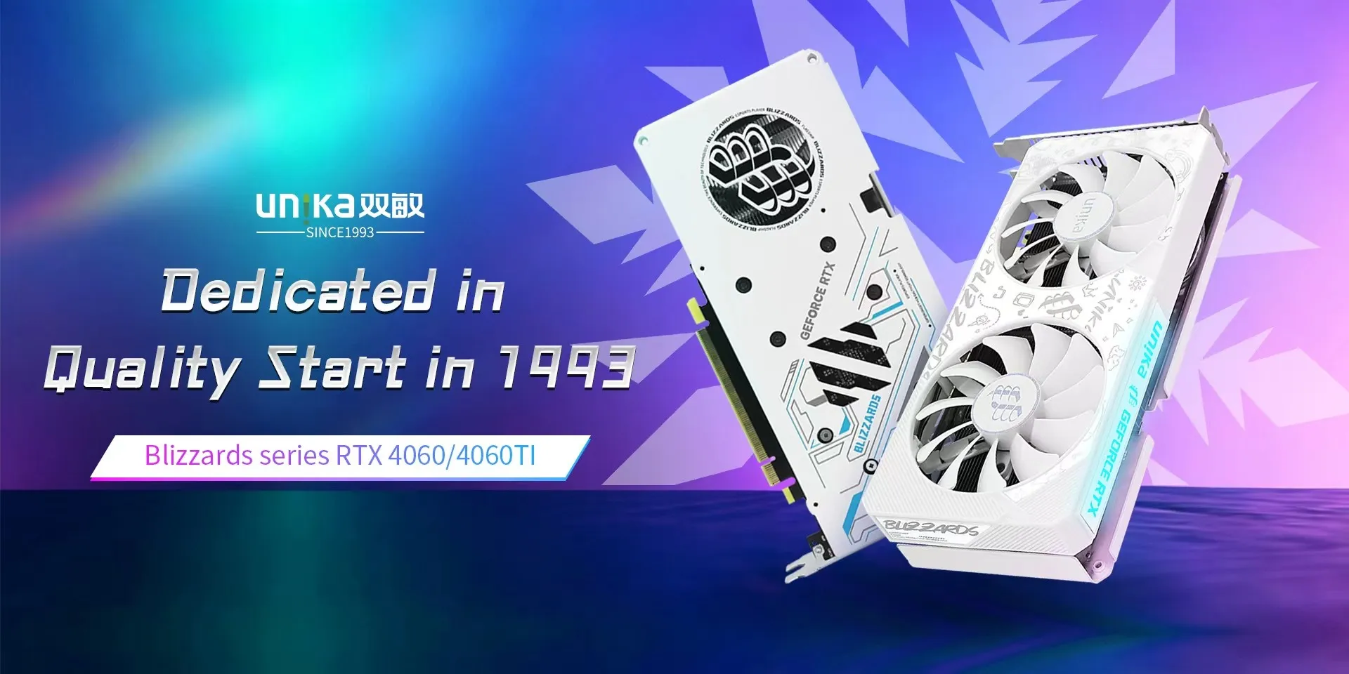 UNIKA Blizzards series GeForce RTX 4060 and RTX 4060 Ti white graphics cards — dedicated in quality since 1993