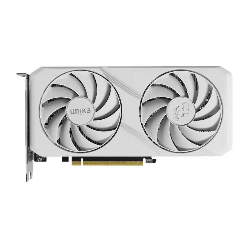 UNIKA RTX 5050 Blizzard 8GD6 graphics card front view showing the white dual-fan cooler