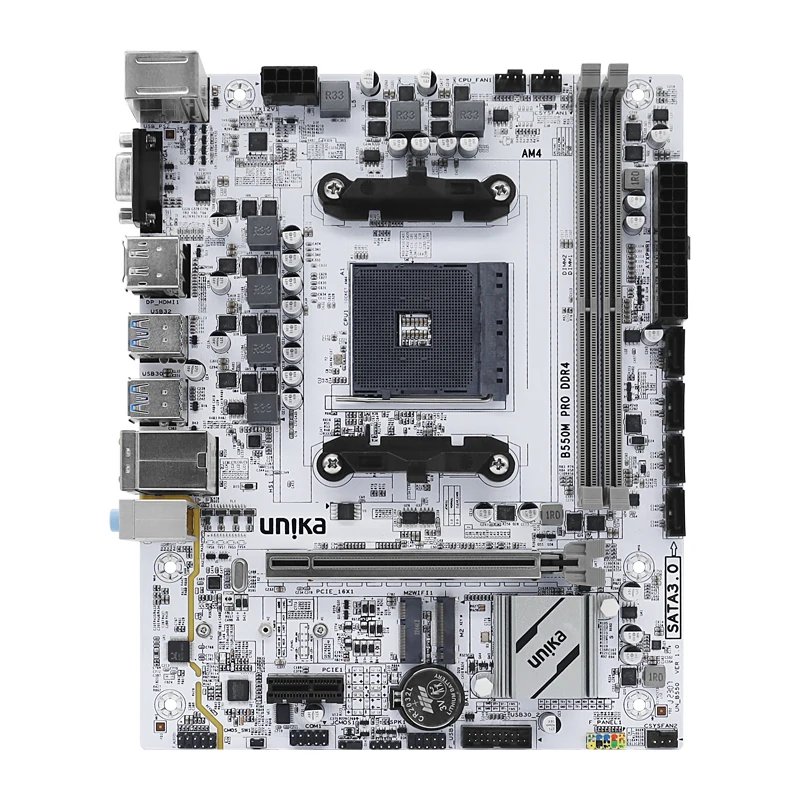 UNIKA B550M PRO DDR4 Blizzards micro-ATX motherboard, front view showing the AM4 socket, two DDR4 DIMM slots and the PCIe 4.0 x16 slot