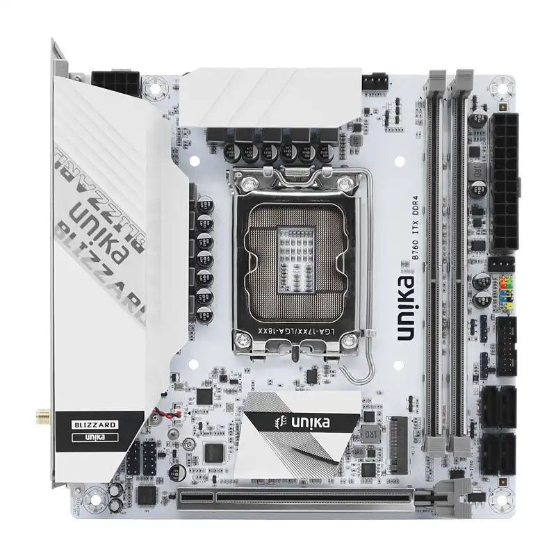 UNIKA B760 ITX motherboard, a Mini-ITX LGA 1700 board with integrated rear I/O shield
