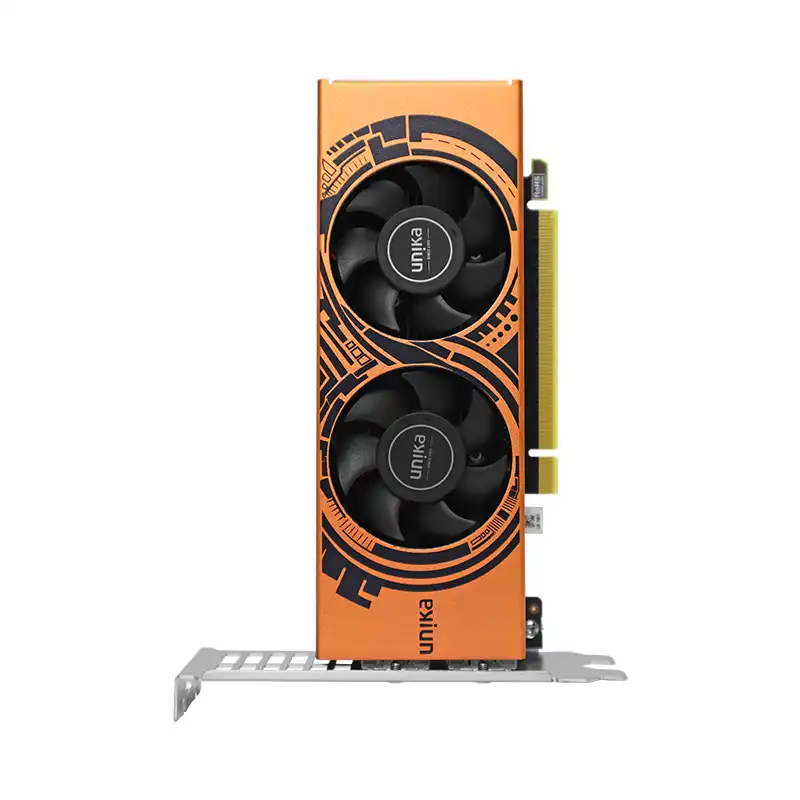 UNIKA GTX 1050TI 4GD5 4HDMI Multi-Display graphics card front view showing the silver dual-fan cooler