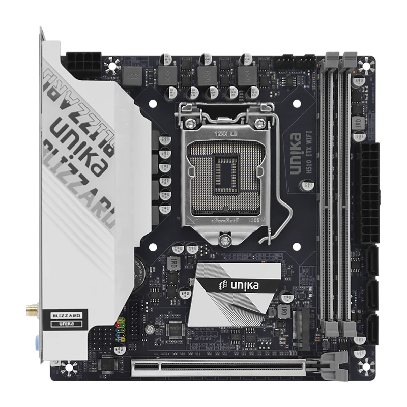 UNIKA H510 ITX WIFI Blizzards mini-ITX motherboard, front view showing the LGA 1200 socket, two DDR4 DIMM slots and the alloy PCIe slot