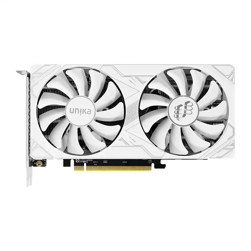 UNIKA RX 7600 Blizzard 8GD6 graphics card front view showing the white dual-fan cooler