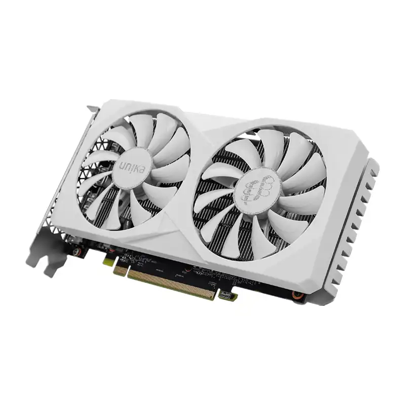 UNIKA RX 6650XT Blizzard graphics card three-quarter view showing the white dual-fan cooler