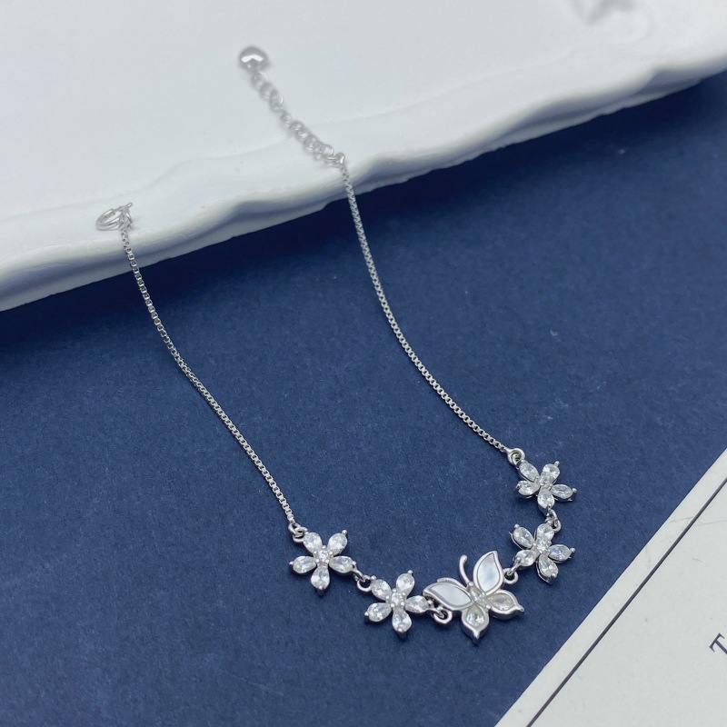 S925 2.87g 16.9cm+ 3.6cm extended chain sterling silver butterfly flower bracelet  