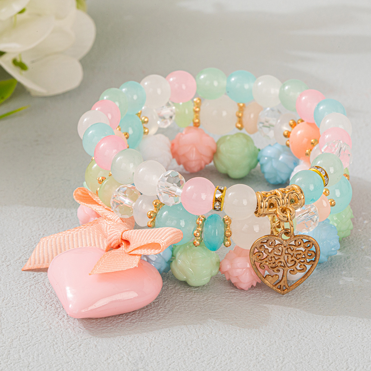 Multiple colors glass 6mm Bohemian style hollow out heart-shaped multi-layer bead bracelet