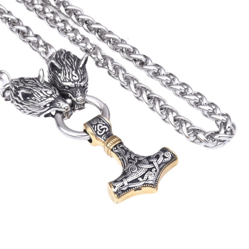 Alloy Material 60 CM Viking Men's Wolf Head Thor Hammer Pendant Necklace