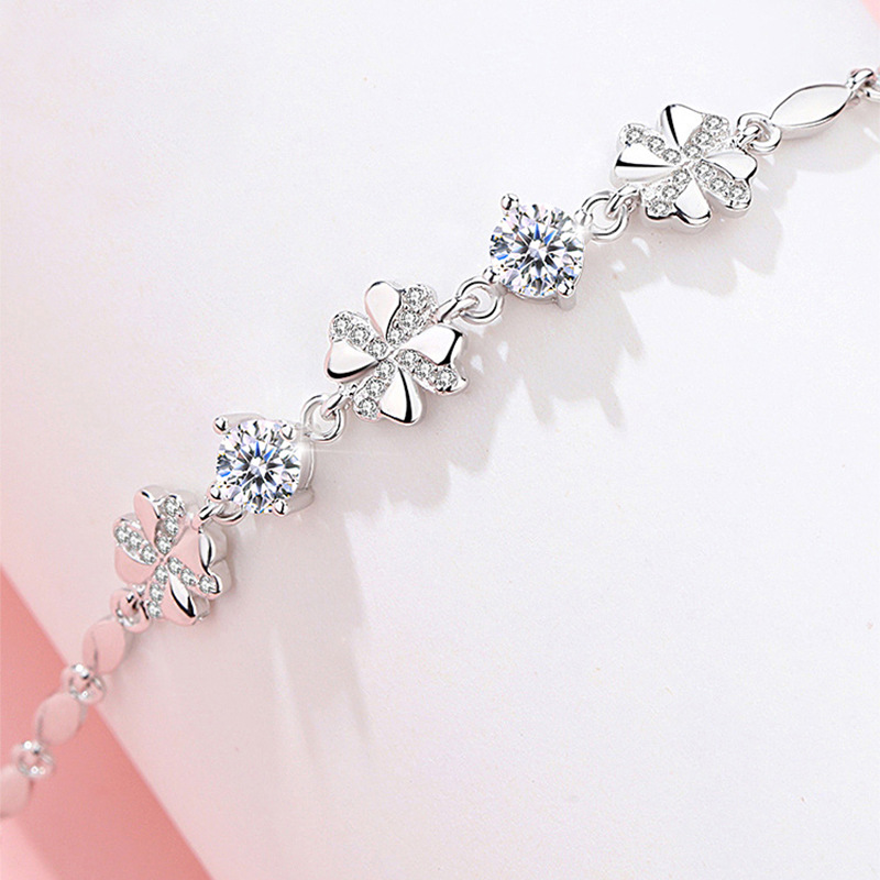 S925 4.6g 17cm+3.5cm extended chain sterling silver Lucky Four-Leaf Clover zircon Bracelet