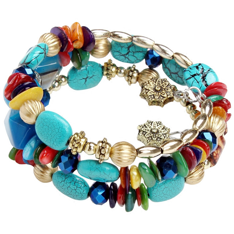 Multiple colors glass alloy resin coloured glaze 6mm Bohemian style Crushed turquoise agate multi-layer bead bracelet