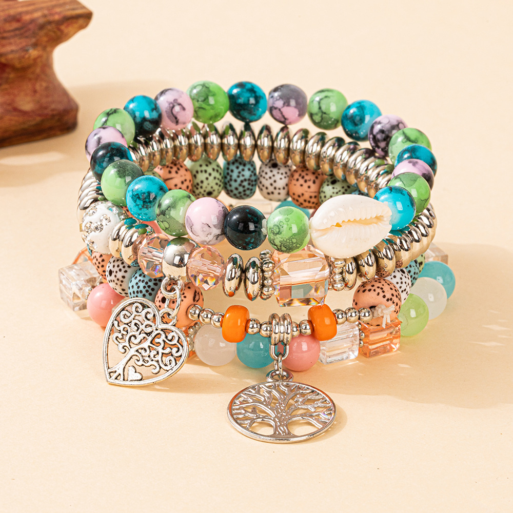 Multiple colors glass alloy resin coloured glaze 6mm Bohemian style Conch Love Life Tree multi-layer bead bracelet