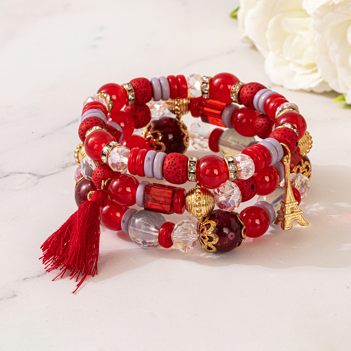 Multiple colors glass alloy resin coloured glaze 6mm Bohemian style Iron tower tassel multi-layer bead bracelet