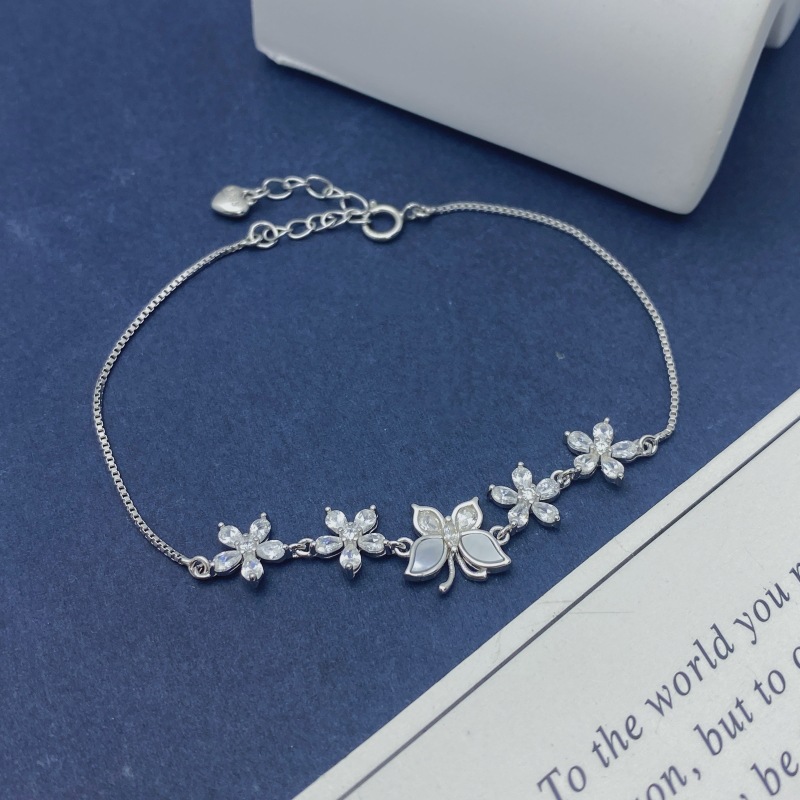 S925 2.87g 16.9cm+ 3.6cm extended chain sterling silver butterfly flower bracelet  