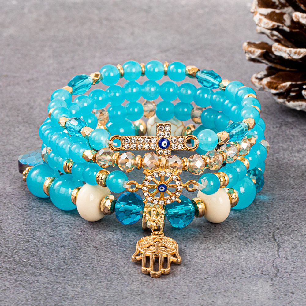 Multiple colors glass alloy resin coloured glaze 6mm Bohemian style Cross Palm Ship Anchor multi-layer bead bracelet