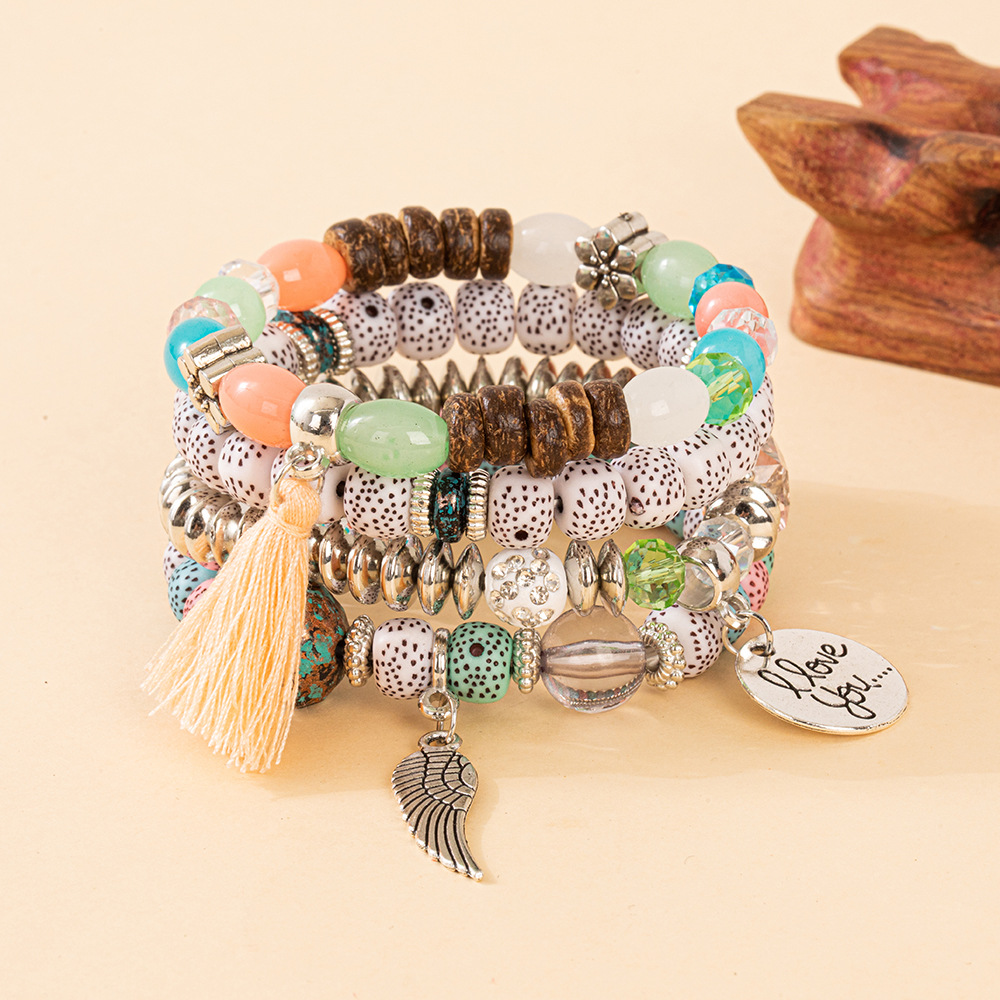 Multiple colors glass alloy resin 6mm Bohemian style Circular wing tassel multi-layer bead bracelet