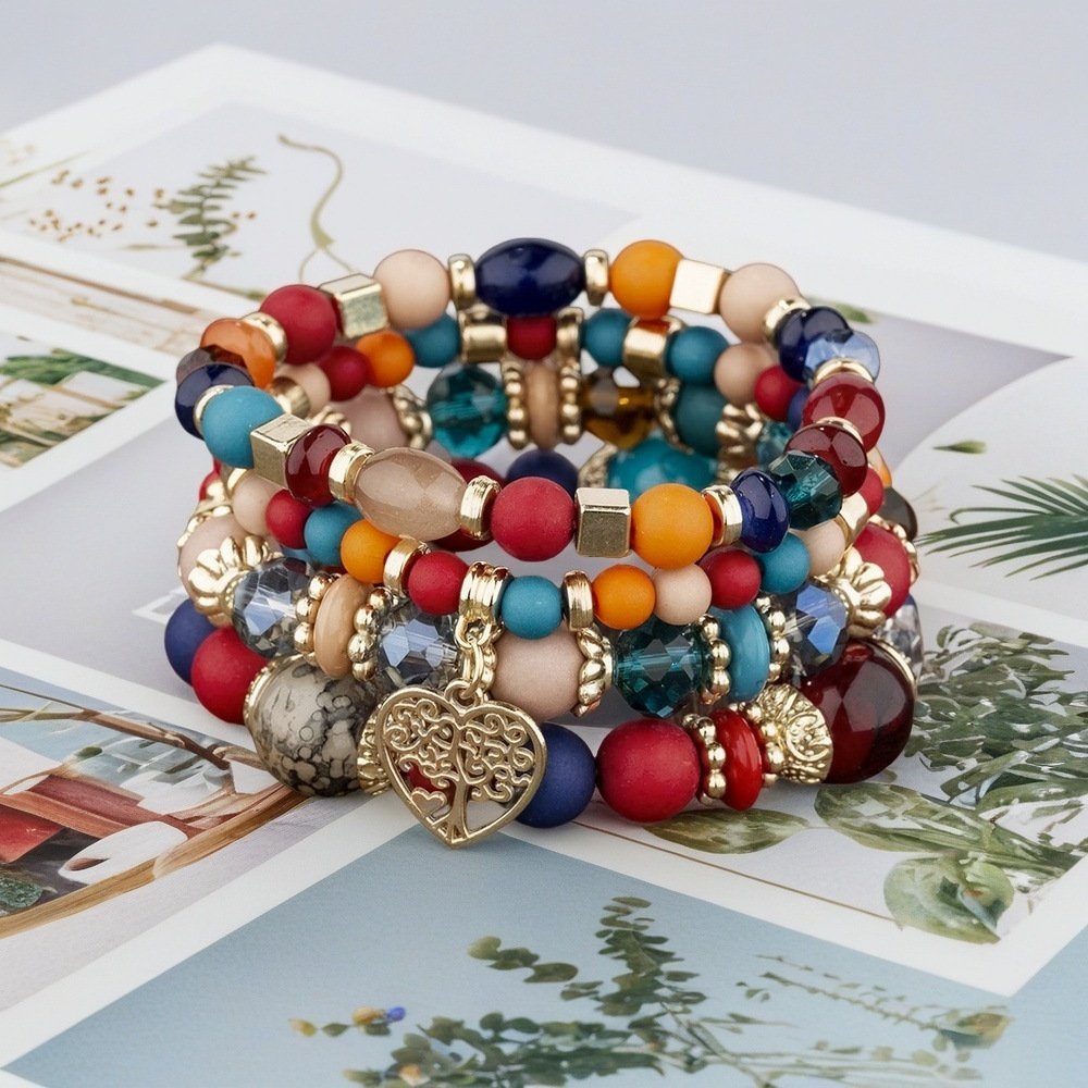Multiple colors glass alloy resin 6mm Bohemian style hollow heart multi-layer bead bracelet