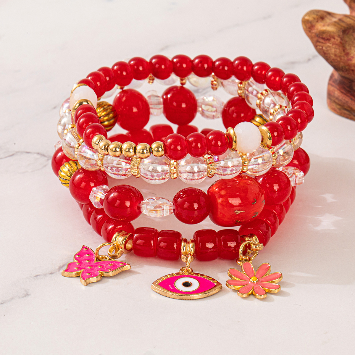 Multiple colors glass alloy resin coloured glaze 6mm Bohemian style Flower Eyes Butterfly multi-layer bead bracelet