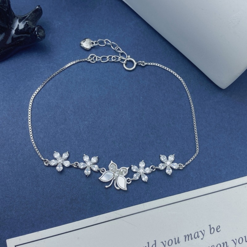 S925 2.87g 16.9cm+ 3.6cm extended chain sterling silver butterfly flower bracelet  