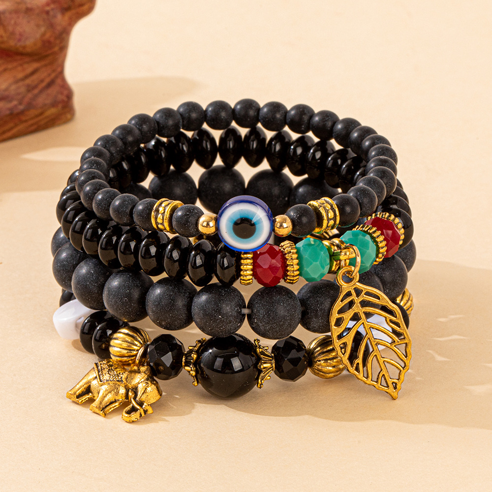 Multiple colors glass alloy resin coloured glaze 6mm Bohemian style Hollow Life Leaves Elephant multi-layer bead bracelet