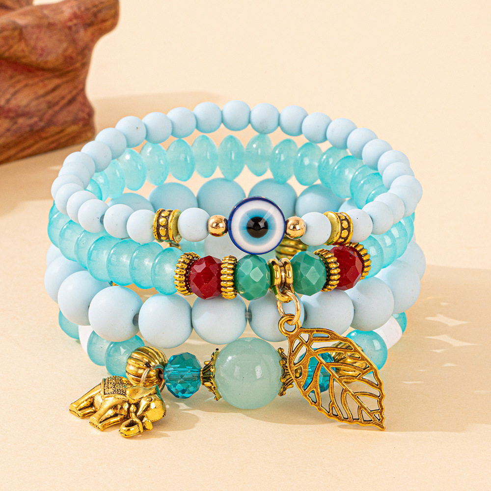 Multiple colors glass alloy resin coloured glaze 6mm Bohemian style Hollow Life Leaves Elephant multi-layer bead bracelet
