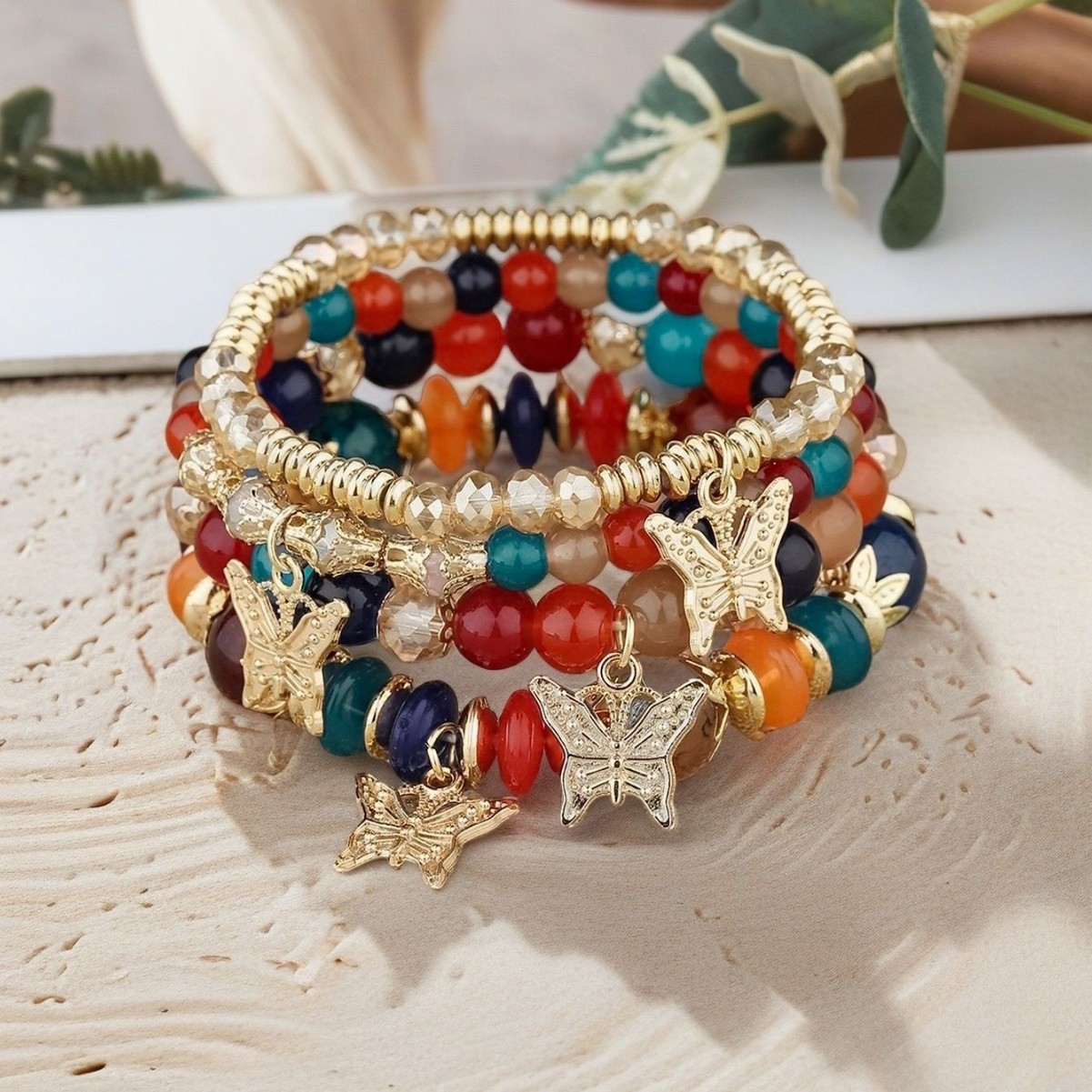 Multiple colors glass alloy resin 6mm Bohemian style Dancing butterflies multi-layer bead bracelet
