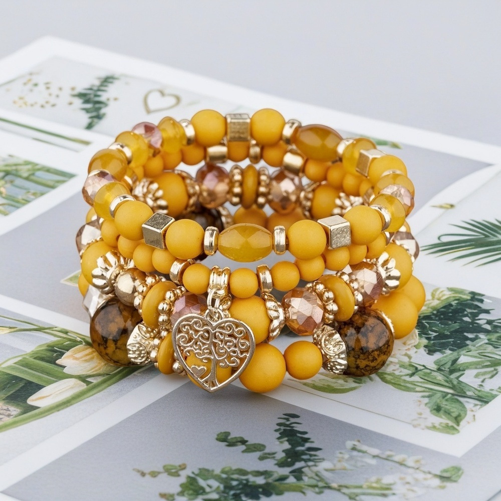 Multiple colors glass alloy resin 6mm Bohemian style hollow heart multi-layer bead bracelet