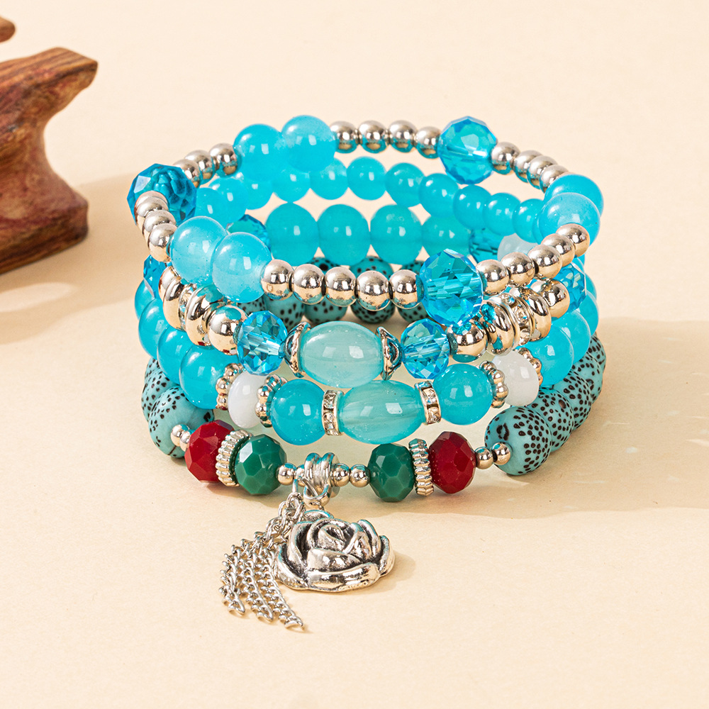 Multiple colors glass alloy resin coloured glaze 6mm Bohemian style Rose Chain multi-layer bead bracelet
