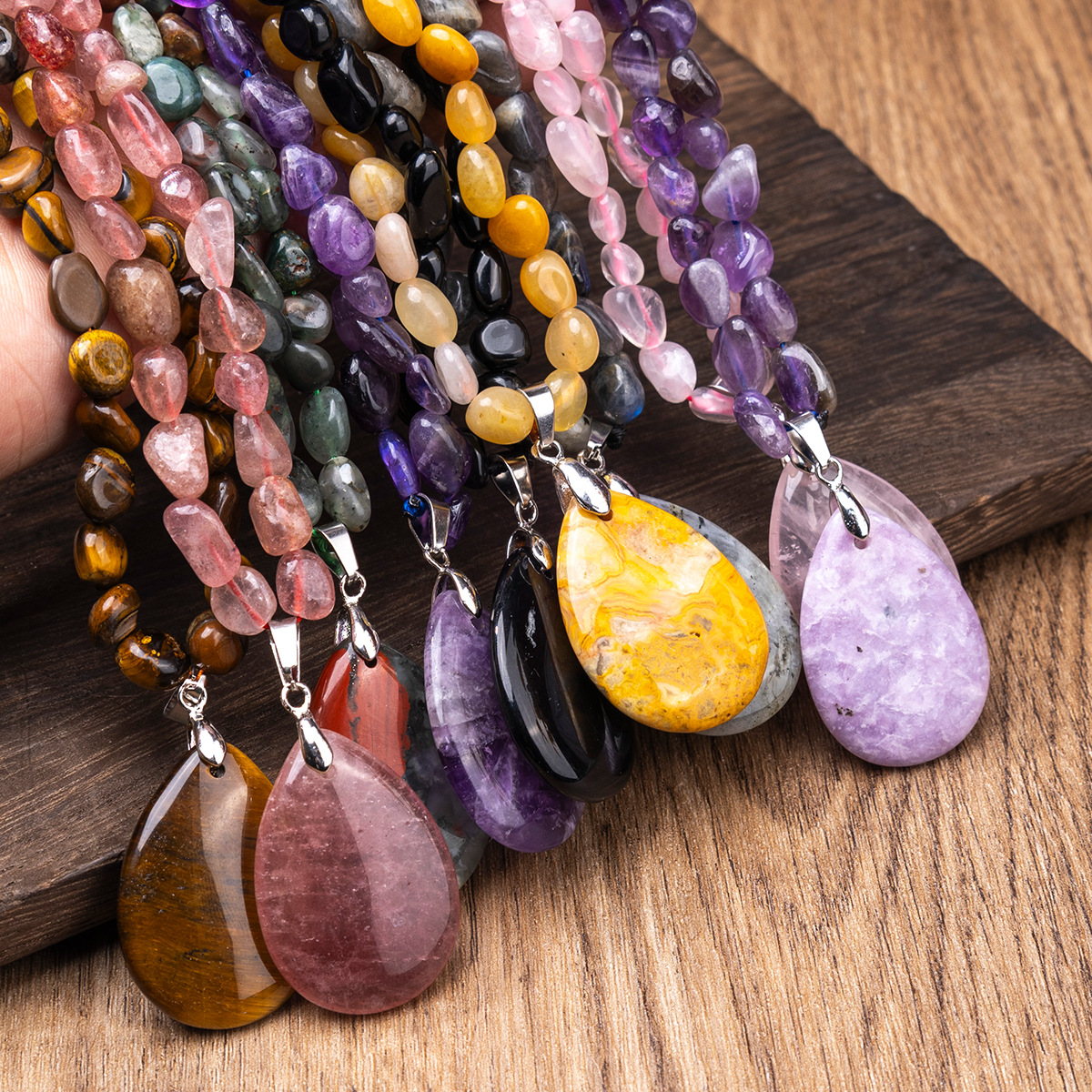 Bohemian style Multiple natural Sweater chain amethyst pendant long necklace