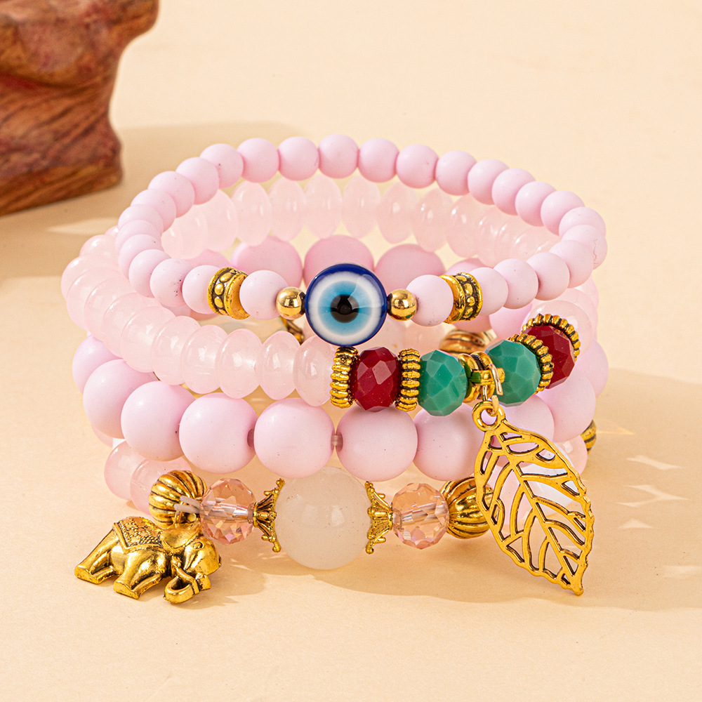 Multiple colors glass alloy resin coloured glaze 6mm Bohemian style Hollow Life Leaves Elephant multi-layer bead bracelet