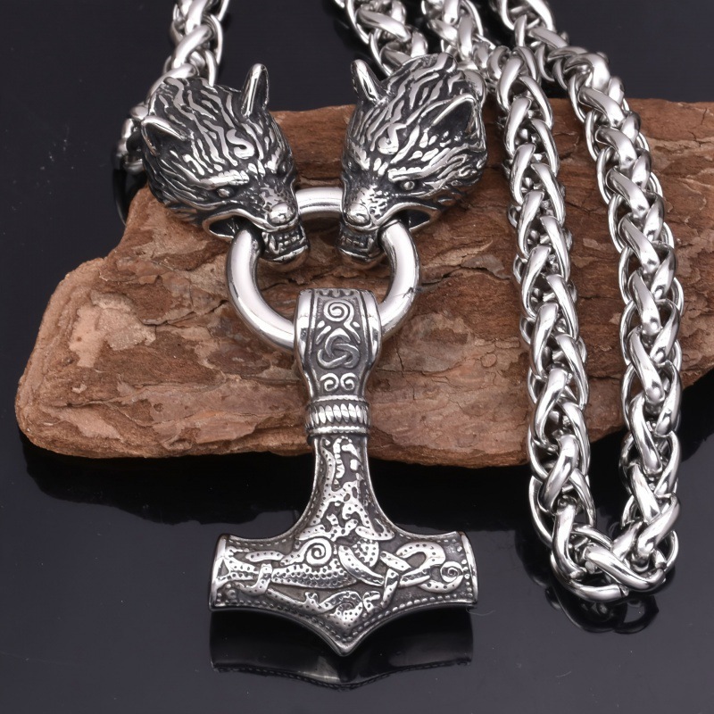 Alloy Material 60 CM Viking Men's Wolf Head Thor Hammer Pendant Necklace