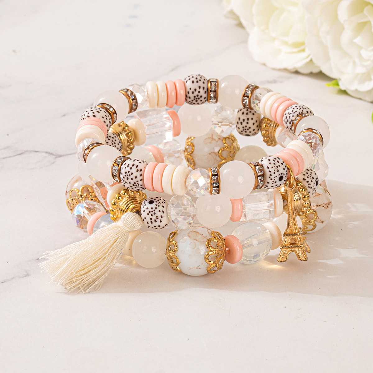 Multiple colors glass alloy resin coloured glaze 6mm Bohemian style Iron tower tassel multi-layer bead bracelet