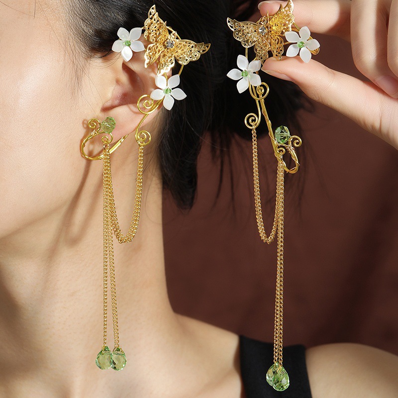 Alloy Material multiple styles 1 pair of Zircon Long tassels without ear holes ear clips ear hooks