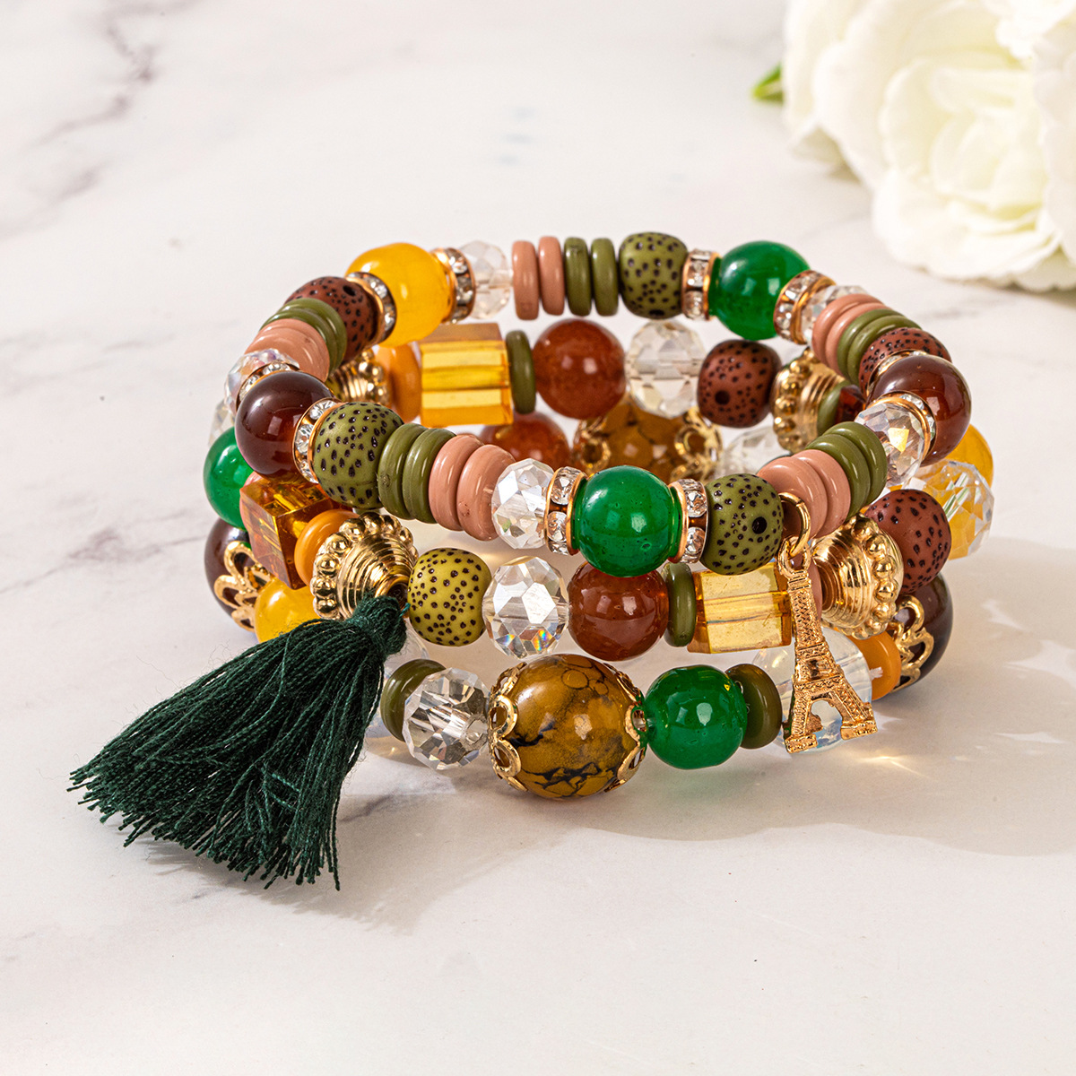 Multiple colors glass alloy resin coloured glaze 6mm Bohemian style Iron tower tassel multi-layer bead bracelet