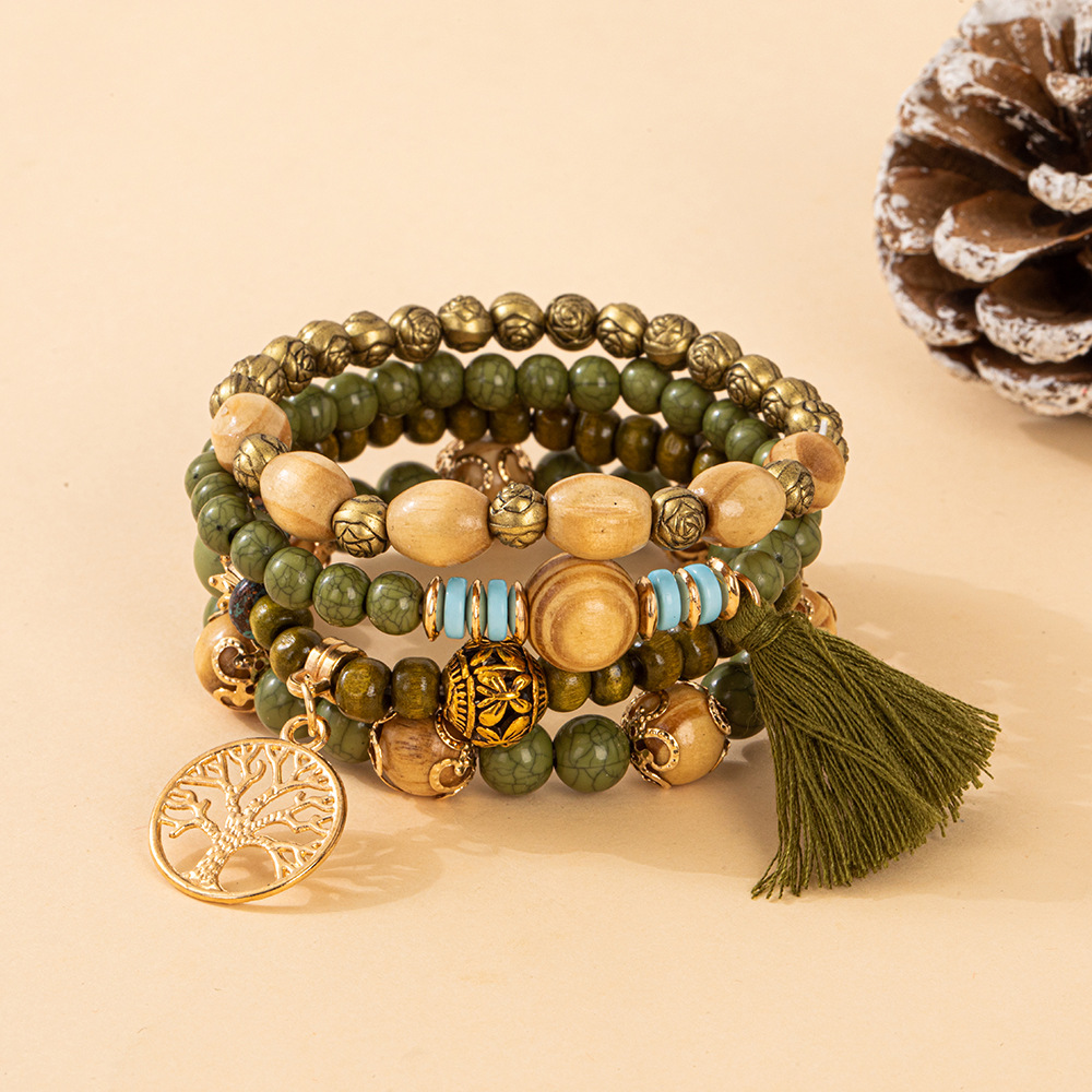 Multiple colors glass alloy resin 6mm Bohemian style Life Tree tassel multi-layer bead bracelet