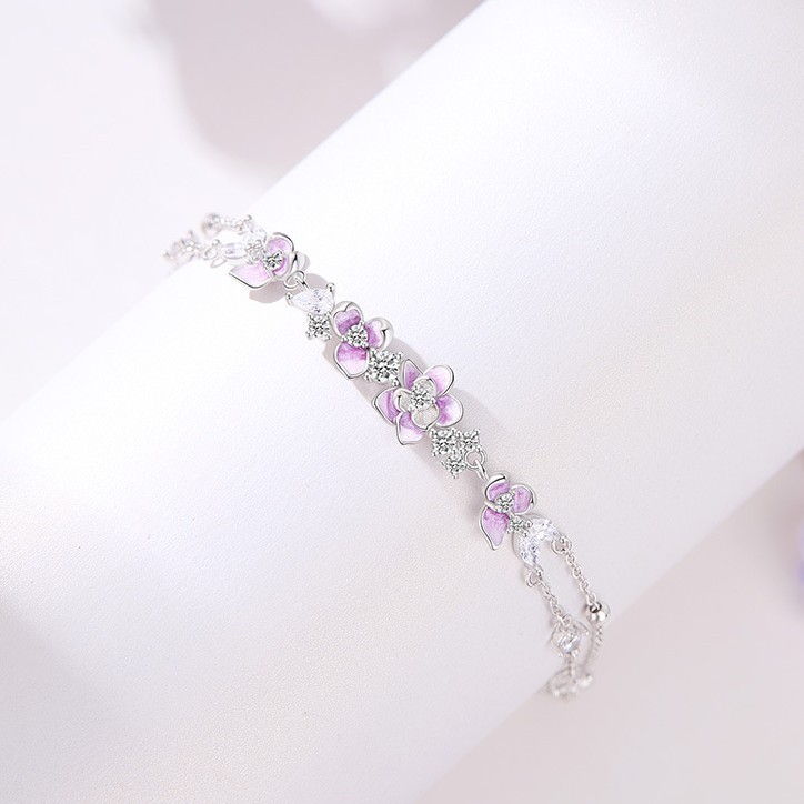 S925 4.6g 16cm+3.5cm extended chain sterling silver Double layered wisteria flower zircon Bracelet