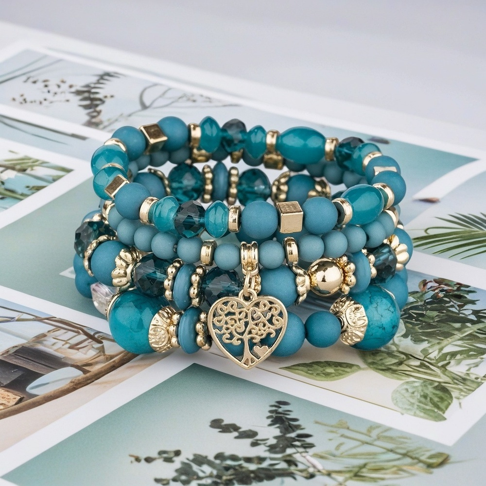 Multiple colors glass alloy resin 6mm Bohemian style hollow heart multi-layer bead bracelet