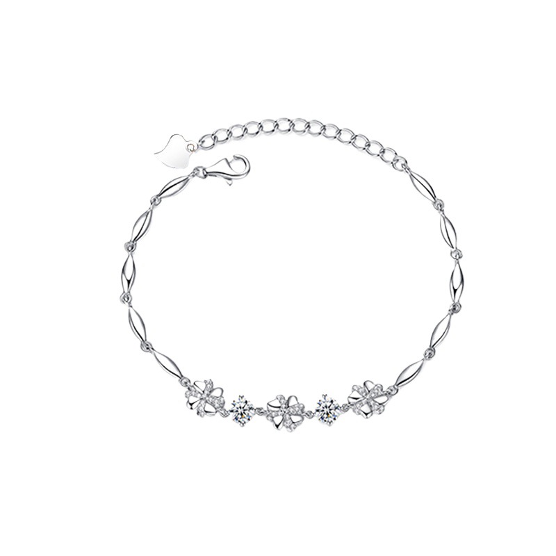S925 4.6g 17cm+3.5cm extended chain sterling silver Lucky Four-Leaf Clover zircon Bracelet
